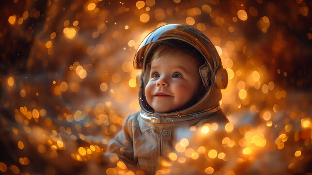 cute smiling baby wearing an astronaut helmet, surrounded by a warm, golden glow with sparkling bokeh lights, giving the impression of stars or distant galaxies