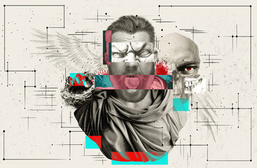 Surreal collage featuring man, skull, bird's wing, nest. Conceptual art. Men's mental health,...
