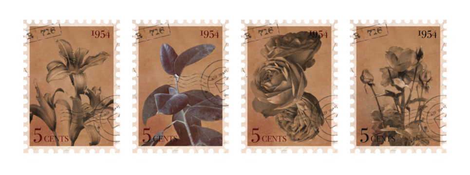 Set of Floral vintage Postage Stamp. Old Brown post stamp with flowers. Aesthetic cutout Scrapbooking elements for wedding invitations, notebooks, journals, greeting cards, wrapping paper