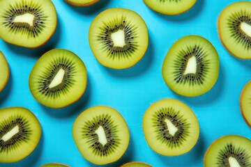 Fototapeta premium Kiwi slices pop against a blue background, showcasing their vibrant green color and freshness, highlighting the vibrant colors and freshness ideal for a summer fruit theme.