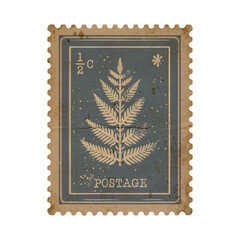 Retro Fern Branch Postage Stamp in Monochrome with Grunge Details. Old Faded Scrapbook Paper