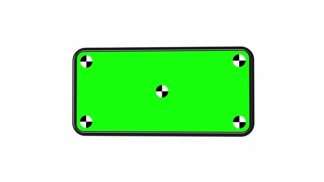 Horizontal Mobile Phone mockup 3D animation with green chroma key screen and motion tracking markers. File includes RGB and alpha channel for transparent background on video editing programs.