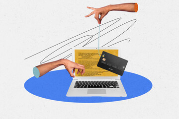 Creative collage image of hand hold lure credit card internet fraud stealing money netbook unusual...