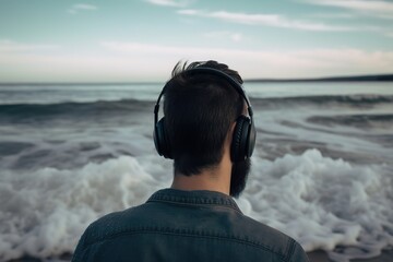 A man listens to music with headphones and looks at the sea.