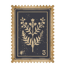 Vintage Floral Branch Postage Stamp Design in Monochrome with Grunge Details. Time-Worn Elegance for Scrapbooking
