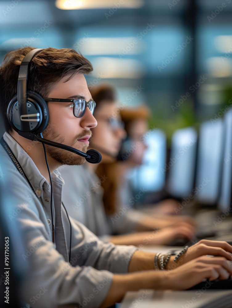 Poster customer service agent working with team in call center.