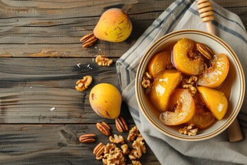 Fresh sliced peaches and nuts in a bowl. Perfect for healthy eating concept