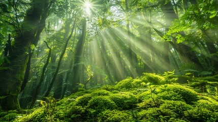 Lush forest canopy overhead, filtering sunlight onto a moss-covered forest floor below.