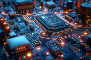 Blue Circuit Board with Many Elements 3D Rendering,
Central processor on circuit board orchestrates intricate electronic pathways and functionalities Vertical Mobile Wallpaper