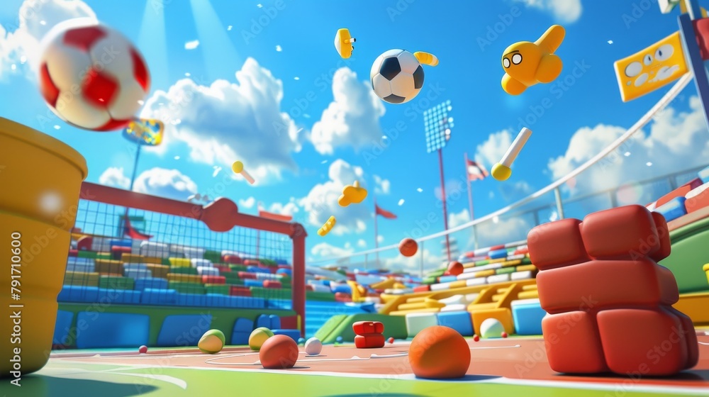 Poster a fun and colorful 3d interpretation of a fictional sports game with lovable characters ai generated