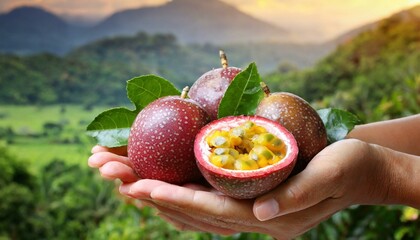 Passion of fruits held in the palms in a natural environment. Whole and half passion of fruits in...