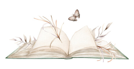Open book with plants and butterfly watercolor illustration isolated on white background. Books green colors with a fabulous story. Vintage old textbook watercolor hand drawn.