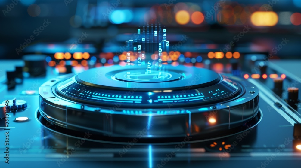 Poster a futuristic 3d rendering of a digital music player with holographic displays ai generated illustrat