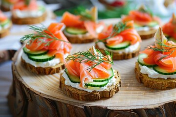 Fresh and delicious small sandwiches with salmon and cucumbers, perfect for catering events or lunch menus - Powered by Adobe