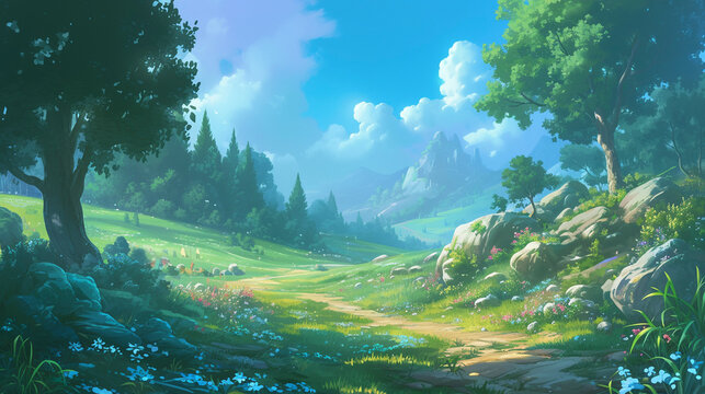 緑の草原と木と青い花によるファンタジー景色　Generative AI