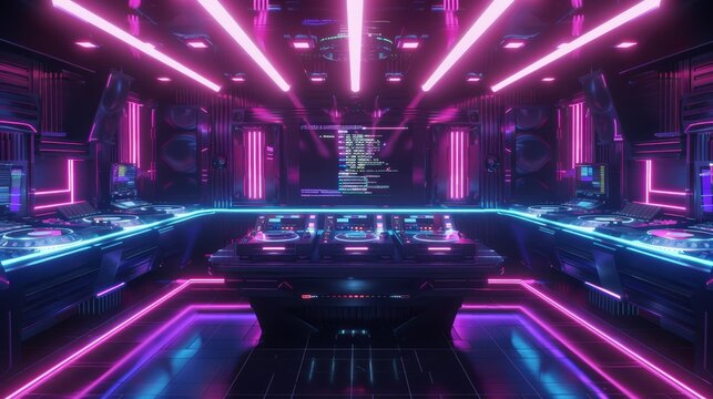 A futuristic 3D rendering of a DJ booth surrounded by neon lights  AI generated illustration