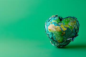 A globe with a heart shape around it made of recyclable materials, set against a pure eco-friendly green background for World Environment Day 