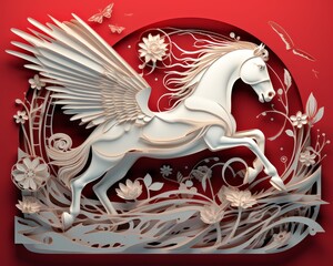 Ethereal Pegasus in Floral Paper Cut Style