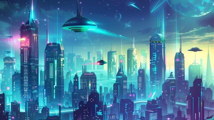 A futuristic cityscape with flying saucers and robots  AI generated illustration