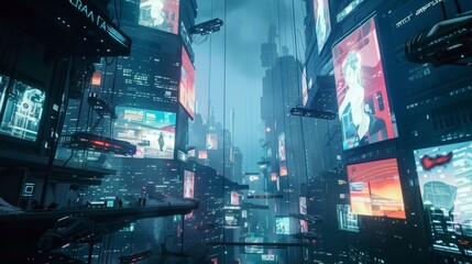 A futuristic cityscape with holographic billboards  AI generated illustration