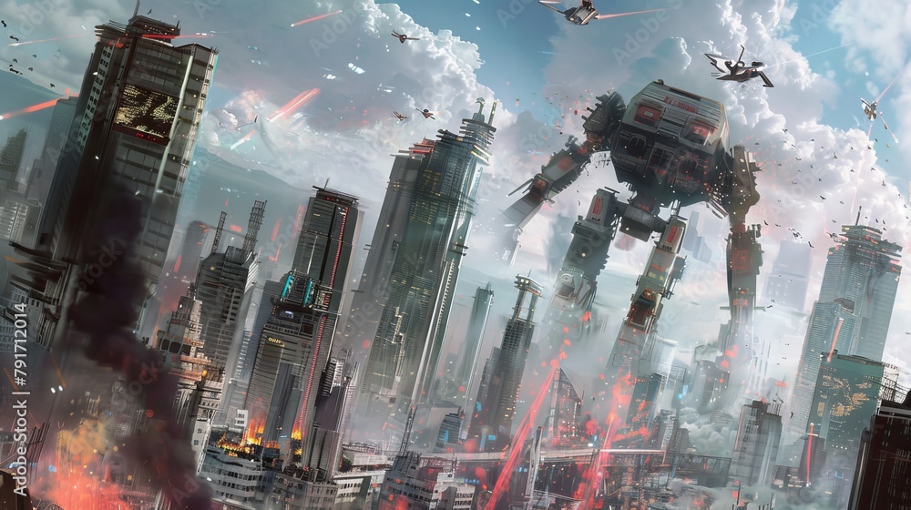 Poster a futuristic cityscape with robots and cyborgs battling for control ai generated illustration