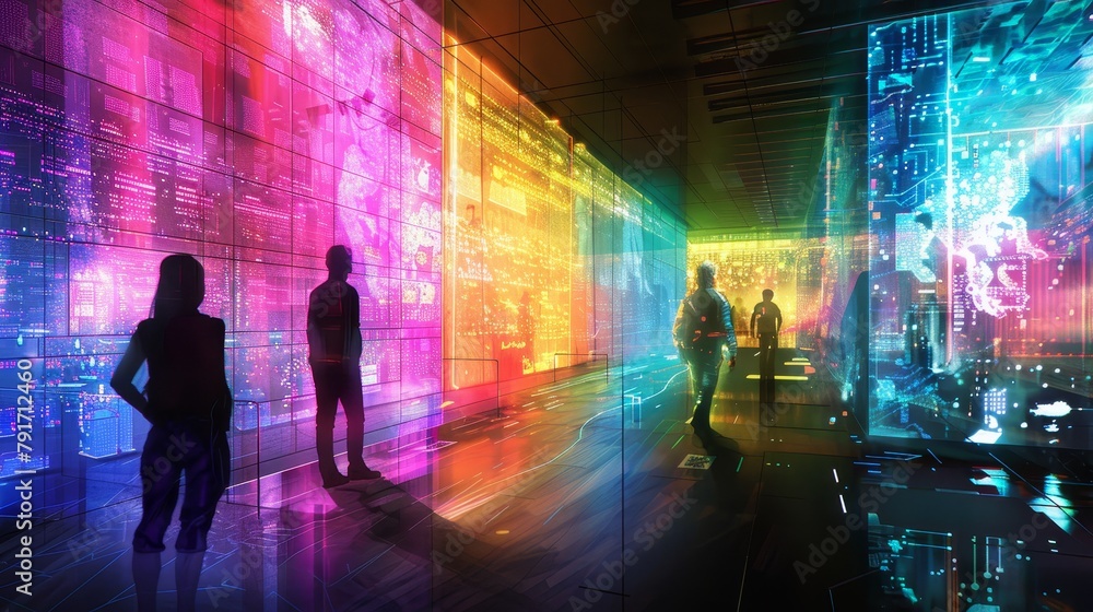 Poster a futuristic rendering of a high-tech business incubator with holographic displays and vibrant color