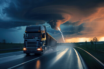 Semi truck driving on highway with dramatic stormy sky and lightning in the background.
