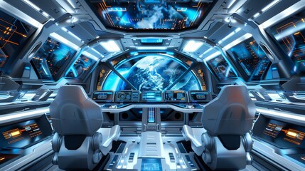 A futuristic spaceship interior with holographic displays  AI generated illustration