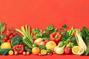 Fototapeta na wymiar A summer farmer's market scene with fresh vegetables and fruits, on a local produce red background, highlighting the appeal of organic and local food