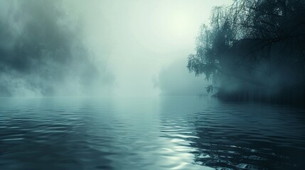 Mysterious water shrouded in mist drifts through a dense fog, creating an ethereal and otherworldly atmosphere. - obrazy, fototapety, plakaty