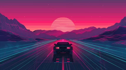 Draagtas A Memphis-inspired design featuring a car drifting through a retro pixel art landscape  AI generated illustration © ArtStage