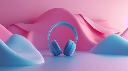 A modern 3D model of headphones floating in a surreal environment  AI generated illustration