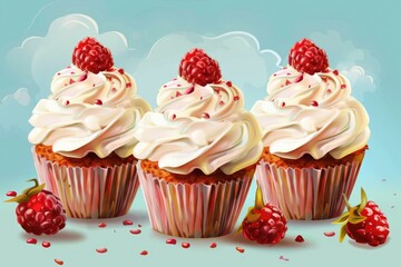 Delicious cupcakes with white frosting and fresh raspberries, perfect for bakery or dessert concepts
