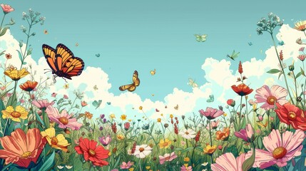 Obraz na płótnie Canvas Nature: A coloring book illustration of a peaceful meadow filled with blooming wildflowers, butterflies, and bees buzzing around