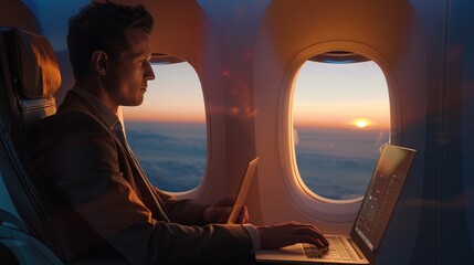 business traveler working on a laptop during a flight, maximizing productivity while en route to their destination.