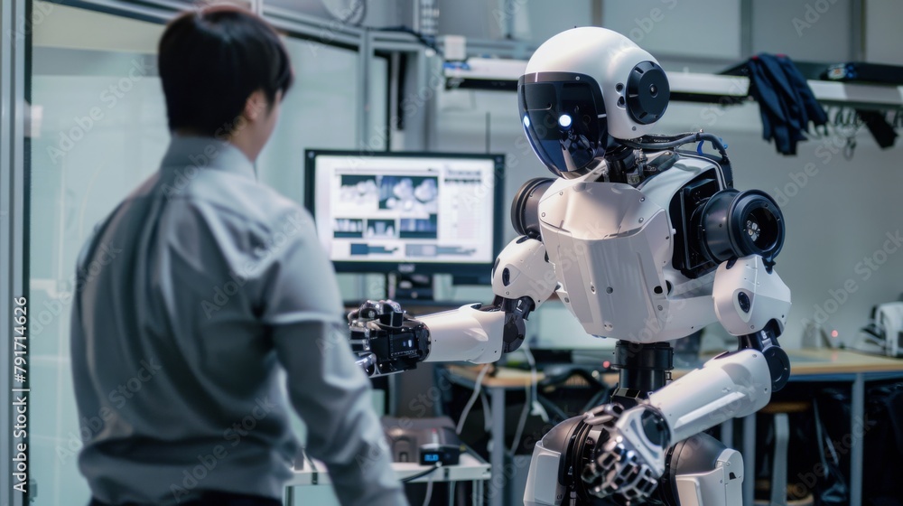 Aufkleber man standing next to robot in room