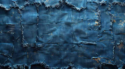 A blue background with frayed edges and a patchwork design. blue denim texture with threads - obrazy, fototapety, plakaty