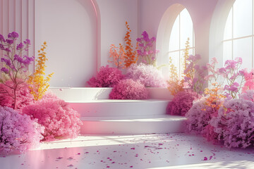 A bunch of colorful flowers placed on a set of stairs, creating a vibrant display against the stone steps. The flowers vary in size and type, adding a pop of color to the otherwise plain steps. - obrazy, fototapety, plakaty
