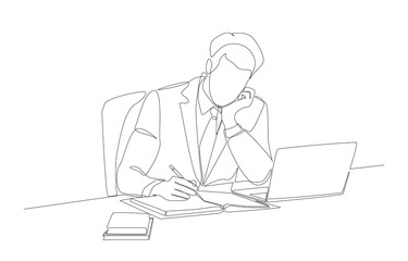 Continuous one line drawing of businessman working in front of laptop with hand touching face, creativity in work concept, single line art.
