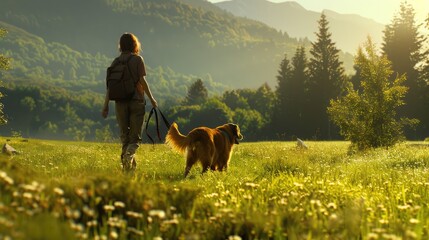 loyal canine companion trotting faithfully alongside its owner through a verdant meadow, their bond a testament to the joy of shared adventures. - obrazy, fototapety, plakaty