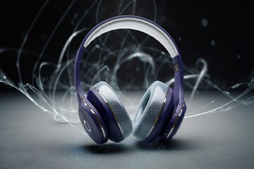 Headphones on a black background. Sound wave. Creative photo earphones.