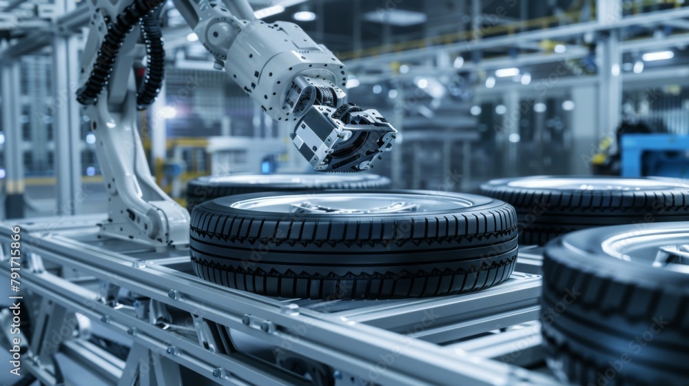 Poster Robotic Arm Assembly Line Handling Car Tires in Factory