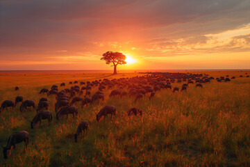 Herd of wild animals at sunset 