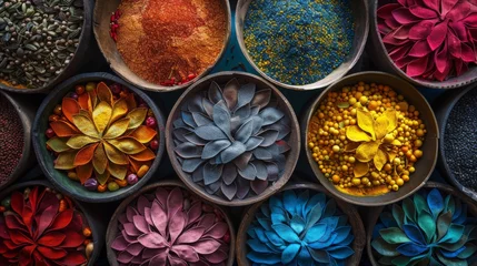 Poster A colorful Indian spices arranged in intricate patterns at a local market. © taelefoto