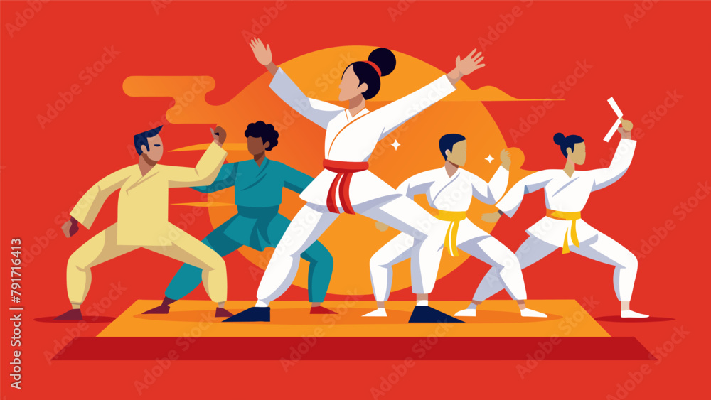Poster a display of discipline and precision a group of athletes perform a kung fu routine highlighting the