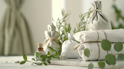 Fototapeta na wymiar A bunch of towels neatly arranged on a table. Suitable for household and hospitality concepts
