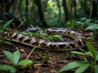 Fototapeta premium Serpentine Splendor: Python Slithers Through Jungle Undergrowth, Camouflaged Predator Hunts in Shadows