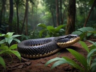 Serpentine Sonata: King Cobra Emerges From Jungle Undergrowth, Silent Predator of Asian Wilderness - obrazy, fototapety, plakaty