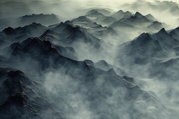 A breathtaking view of a mountain range from a plane. Ideal for travel and adventure concepts - obrazy, fototapety, plakaty