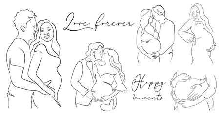 Set of happy moments pregnant couple with text in the line art style for parents day
